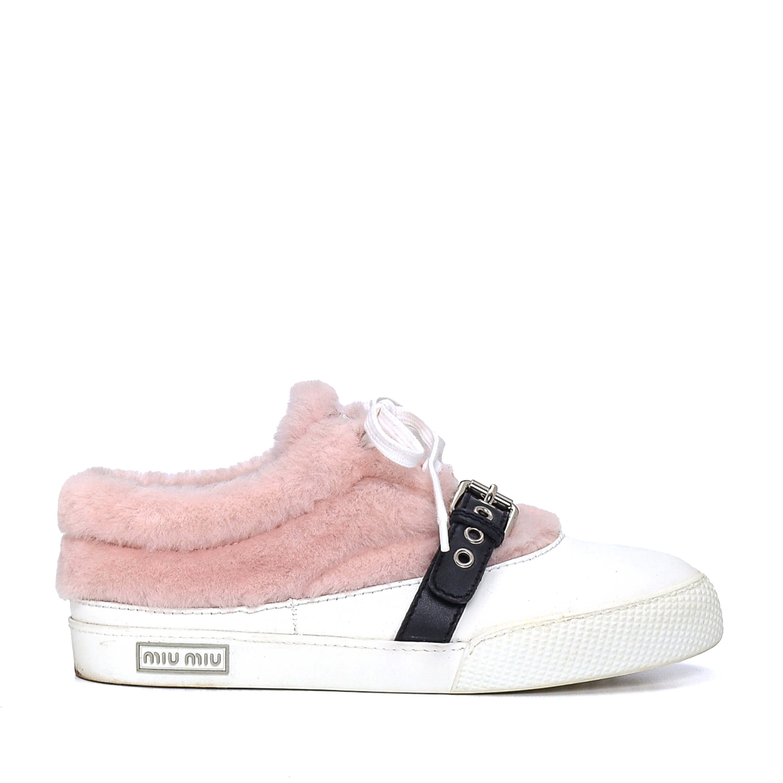 Miu Miu - White Leather Pink Fur Sneakers / 38